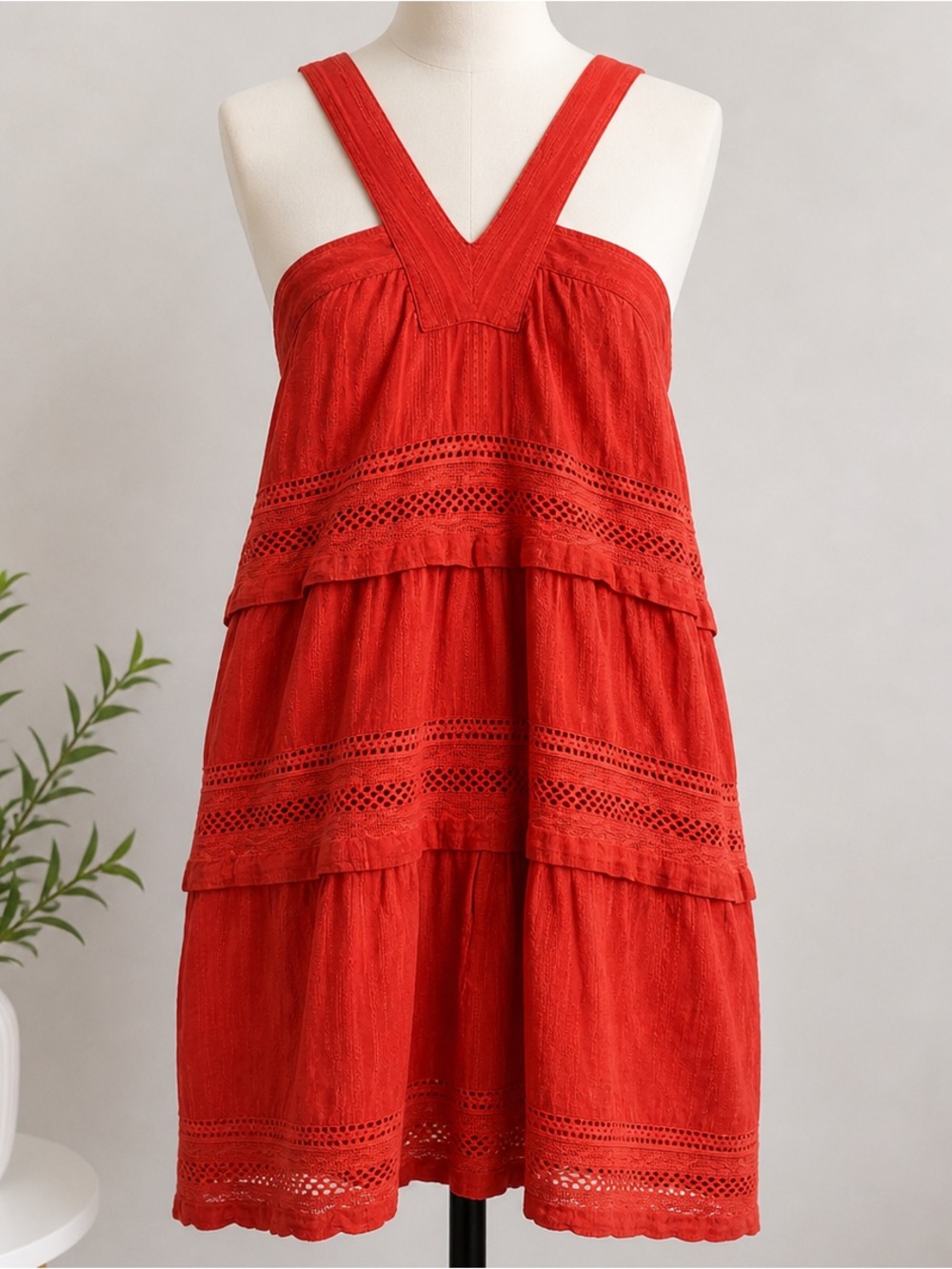 dRA by Anthropologie Sleeveless Red Tiered Crochet-Trim Sundress